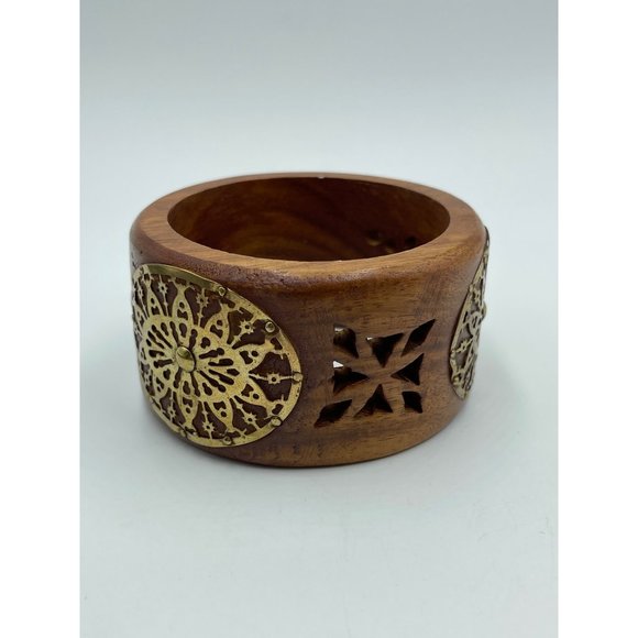 70's  Vintage Wooden Brass Bangle - Picture 2 of 6